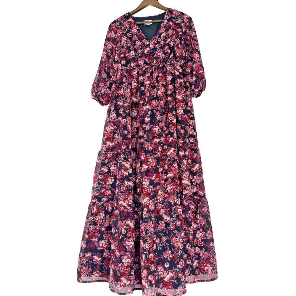 isabel maternity dress maxi floral Red Pink long sleeve M Whimsigoth Sheer